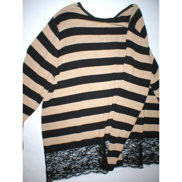 New NWT Womens Max Mara Marina Rinaldi Sweater L Black Tan Lace Italy Wool Strip - Picture 7 of 9